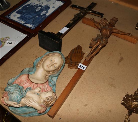 2 crucifixes, Madonna & Child, etc